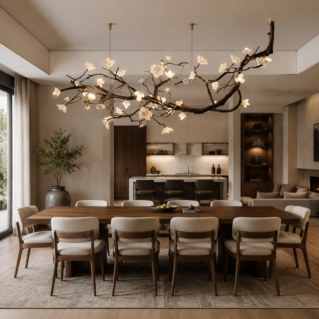 A modern dining room featuring a large branch-shaped chandelier with glowing white flower-like lights hanging over a long wooden dining table and eight upholstered chairs. The room has warm neutral walls, wood flooring, built-in shelving, and a kitchen in the background.