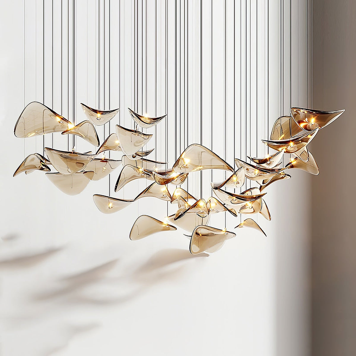 Wave Chandelier for Staircases with Floating Glass Leaves Up to 78.7″H chandelier in a tall interior