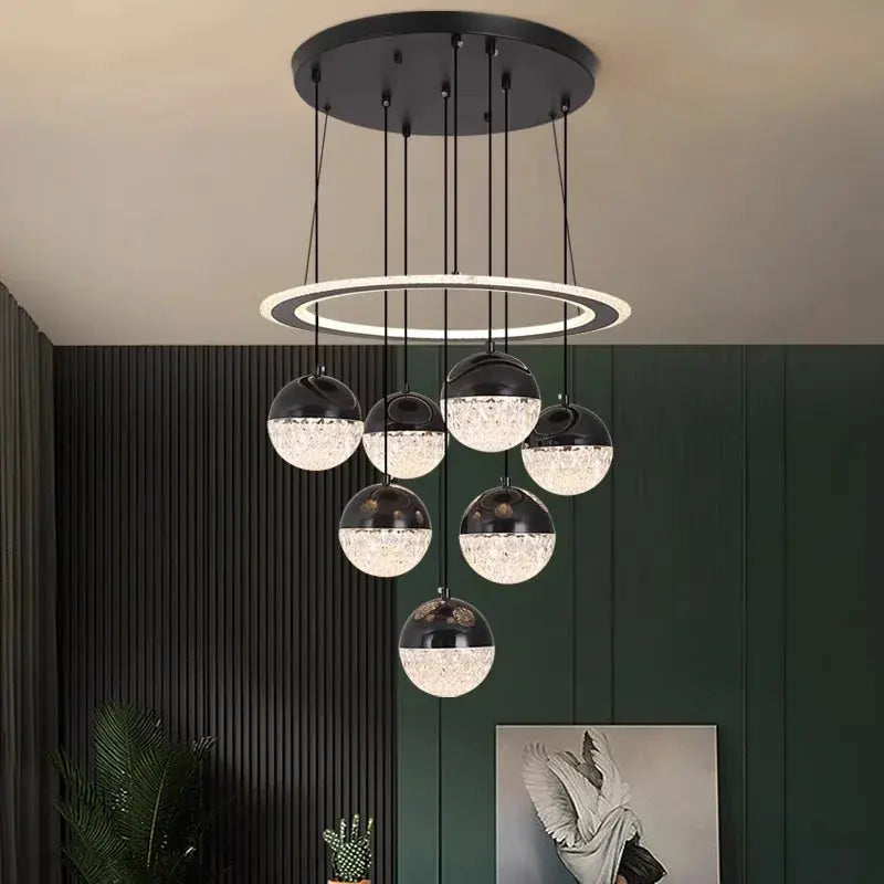 7-Light Cluster Ceiling Chandelier Light Black/White for high ceiling staircase and foyer lighting