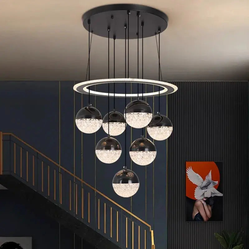 7-Light Cluster Ceiling Chandelier Light Black/White for high ceiling staircase and foyer lighting