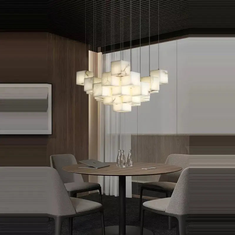 White Marble LED Cube Chandelier 7/9/18/25/36 Light for high ceiling staircase and foyer lighting