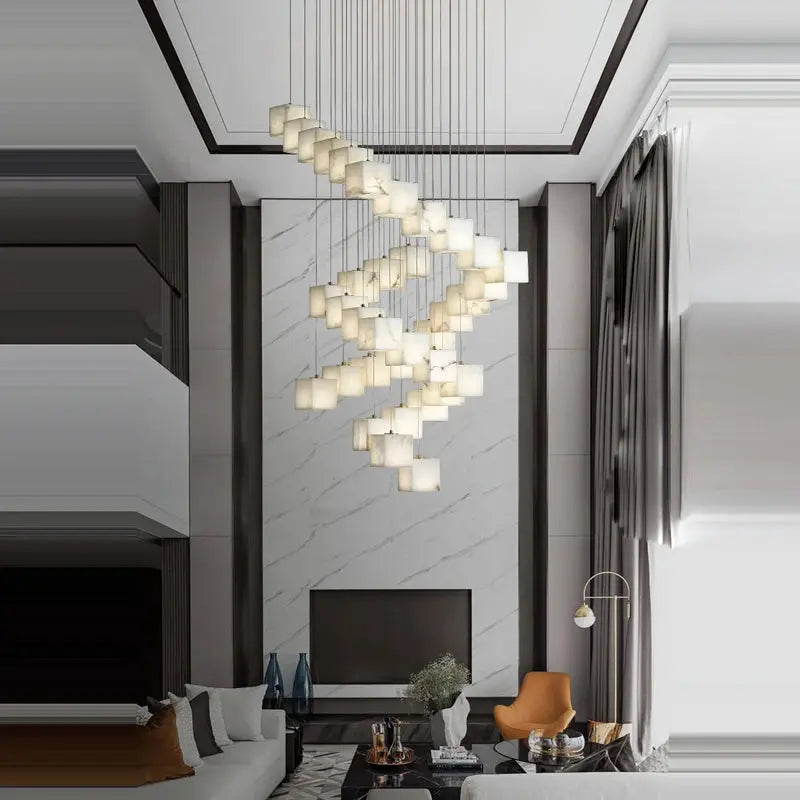 White Marble LED Cube Chandelier 7/9/18/25/36 Light for high ceiling staircase and foyer lighting