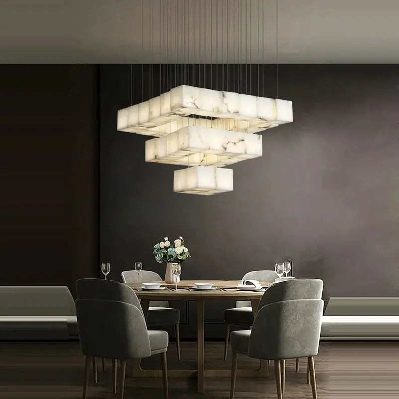 White Marble LED Cube Chandelier 7/9/18/25/36 Light for high ceiling staircase and foyer lighting
