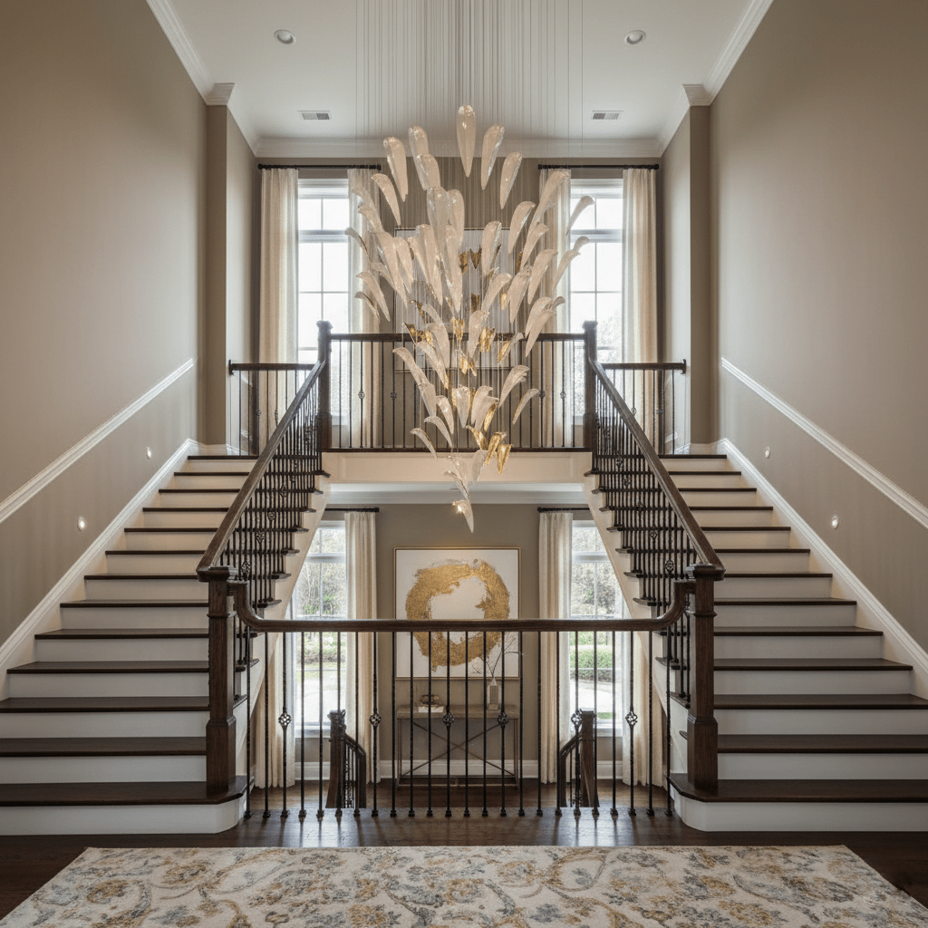White Feather Art Deco Custom Chandelier chandelier in a tall interior