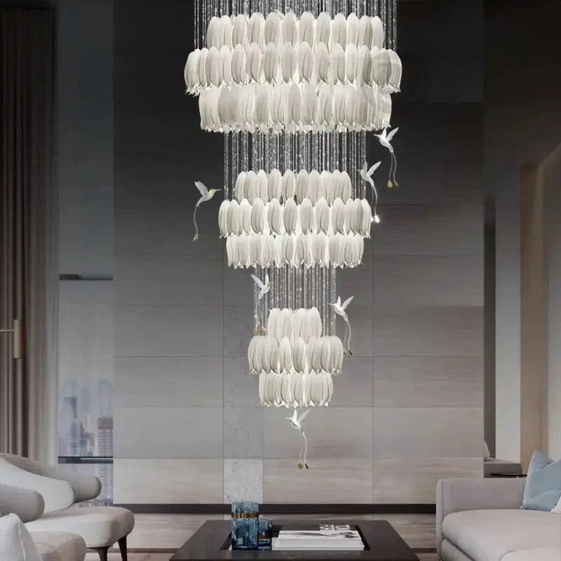 Yina White Ceramic Tulip Chandelier For Staircase for high ceiling staircase and foyer lighting