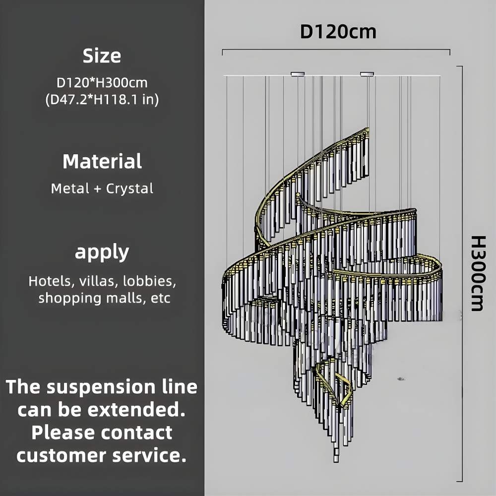 Zaira Spiral Crystal Chandelier for high ceiling staircase and foyer lighting
