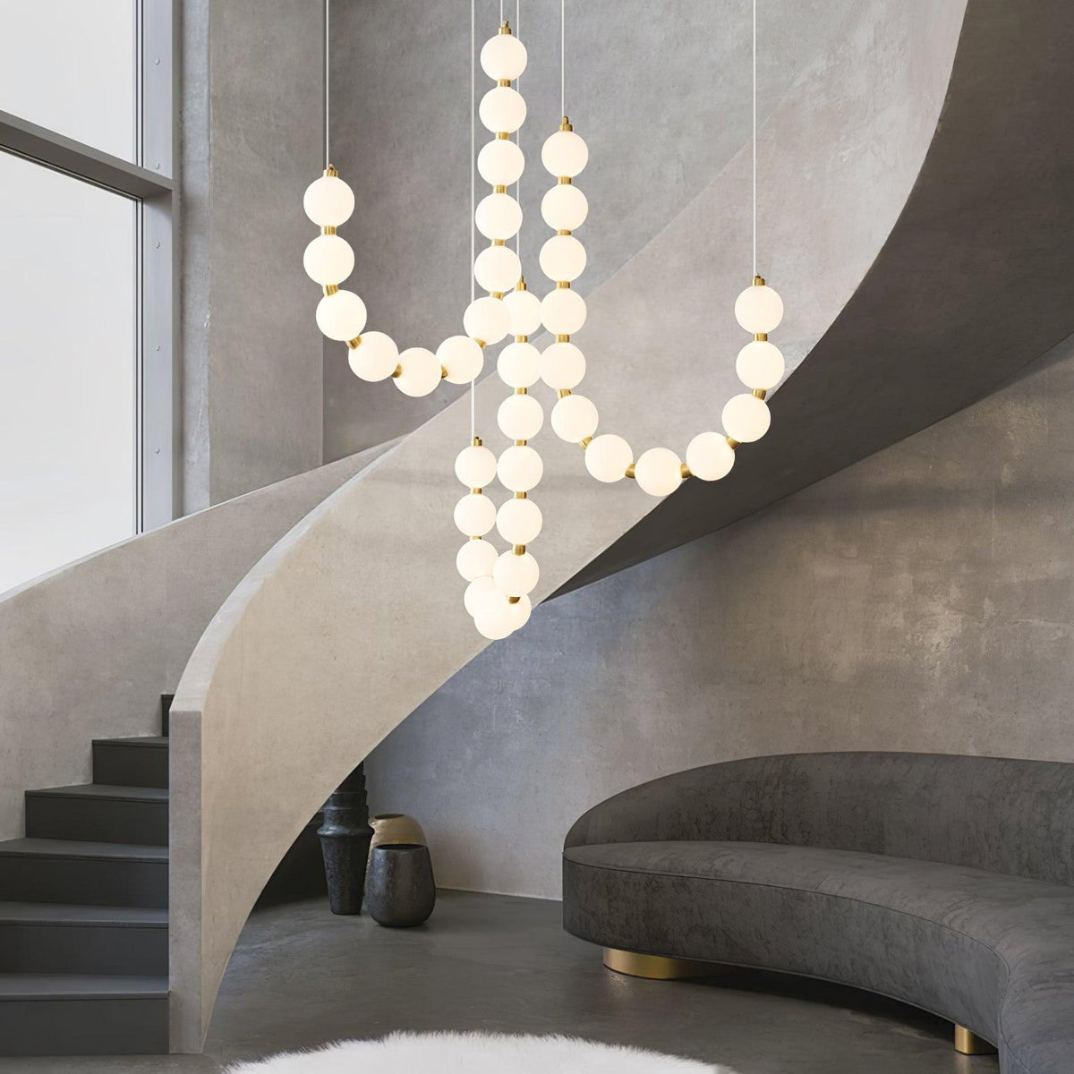 Pearl Chandelier for Staircases with Acrylic Globe Strands Up to 78.7″H chandelier in a tall interior