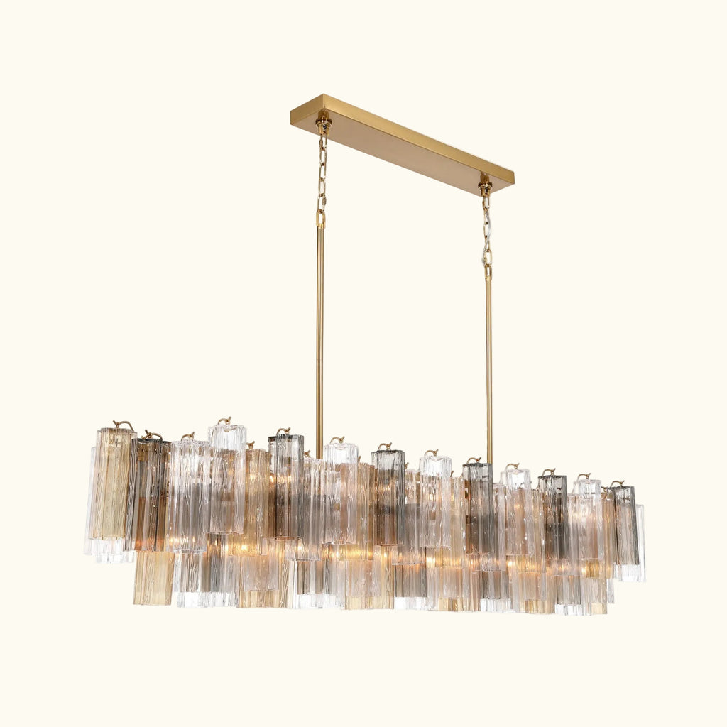 Addis Luxury Linear Chandelier 65 inch in Gold with Grey, Clear and Amber glass