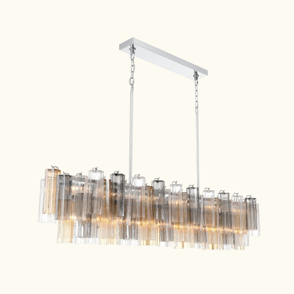 Addis Luxury Linear Chandelier 65 inch in Nickel with Grey, Clear and Amber glass
