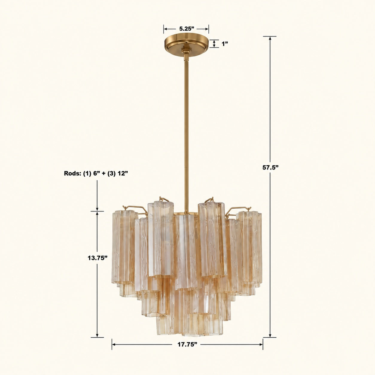 Addis Murano Glass Chandelier 17.8 inch in Brass with Amber glass specification image