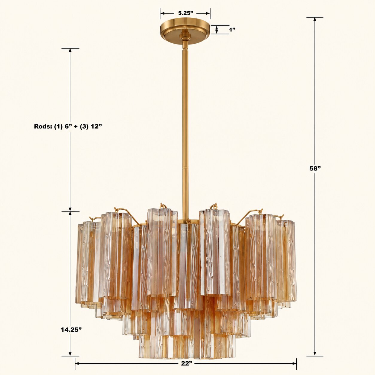 Addis Murano Glass Chandelier 22 inch in Brass with Amber glass specification image