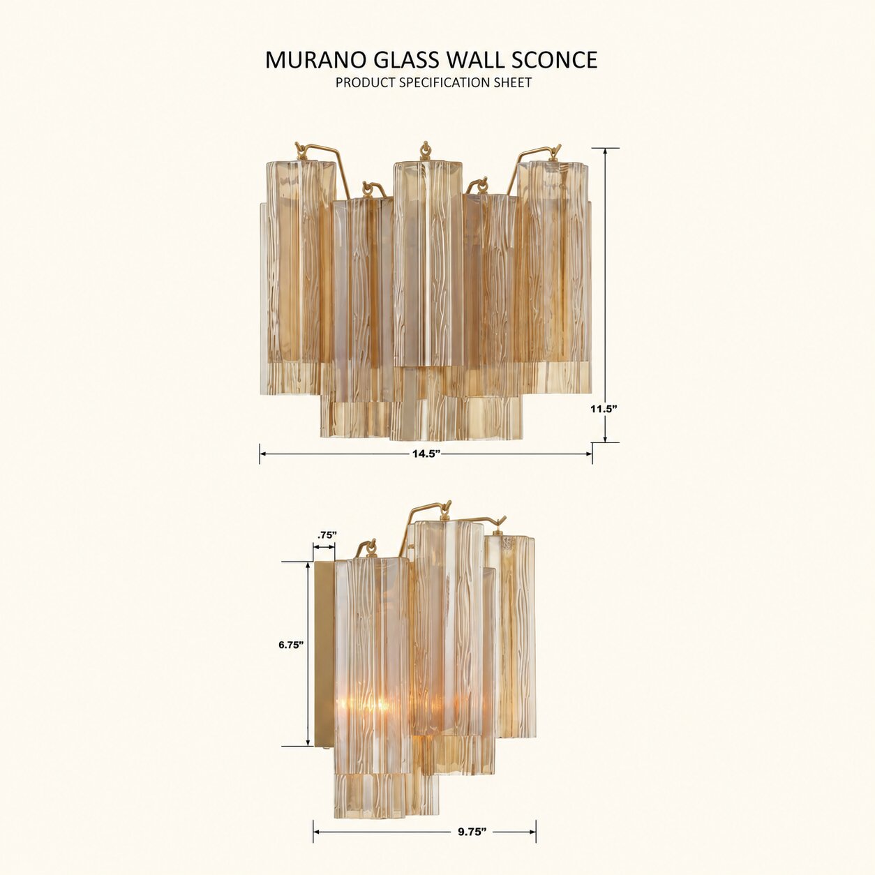 Addis Murano Glass Wall Light 14''W in Brass with Amber glass specification image