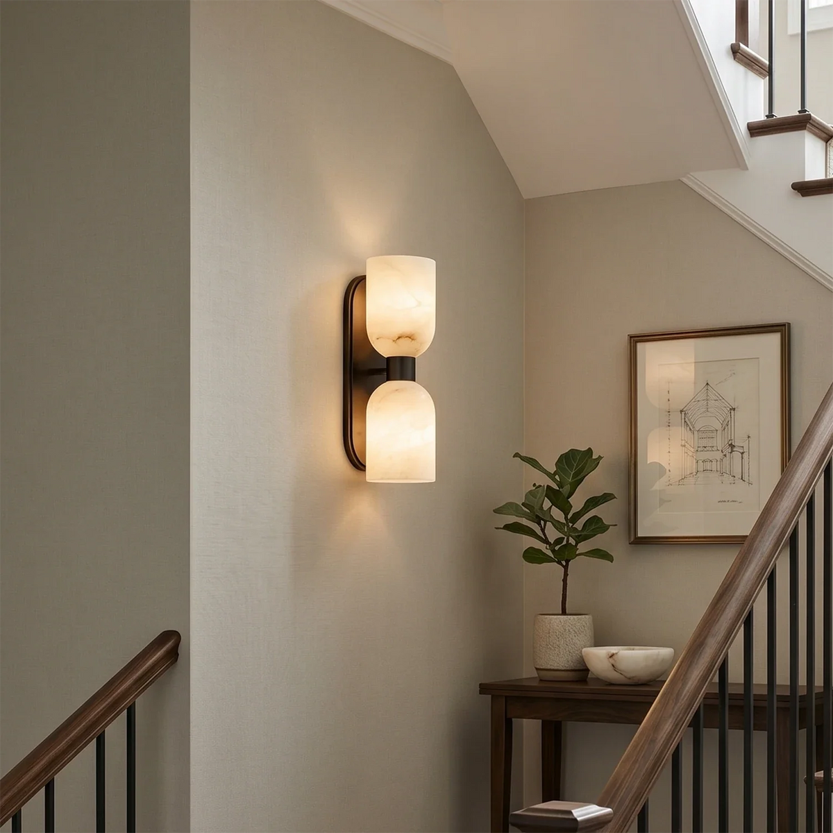 Alabaster Aurinde Wall Lamp, black double minimalist staircase lighting | Bling Lighting Studio
