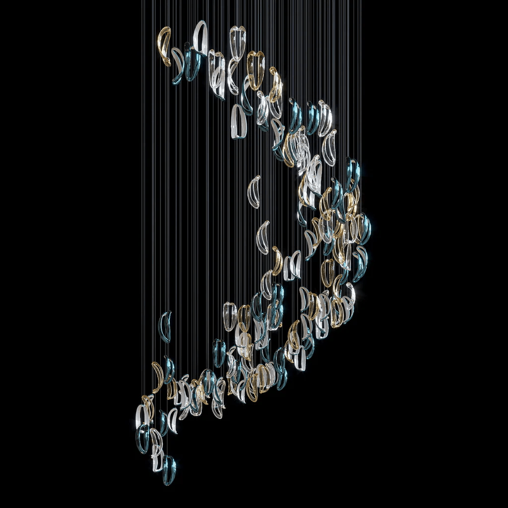 Aqua Ripple Glass Art Custom Chandelier chandelier in a tall interior