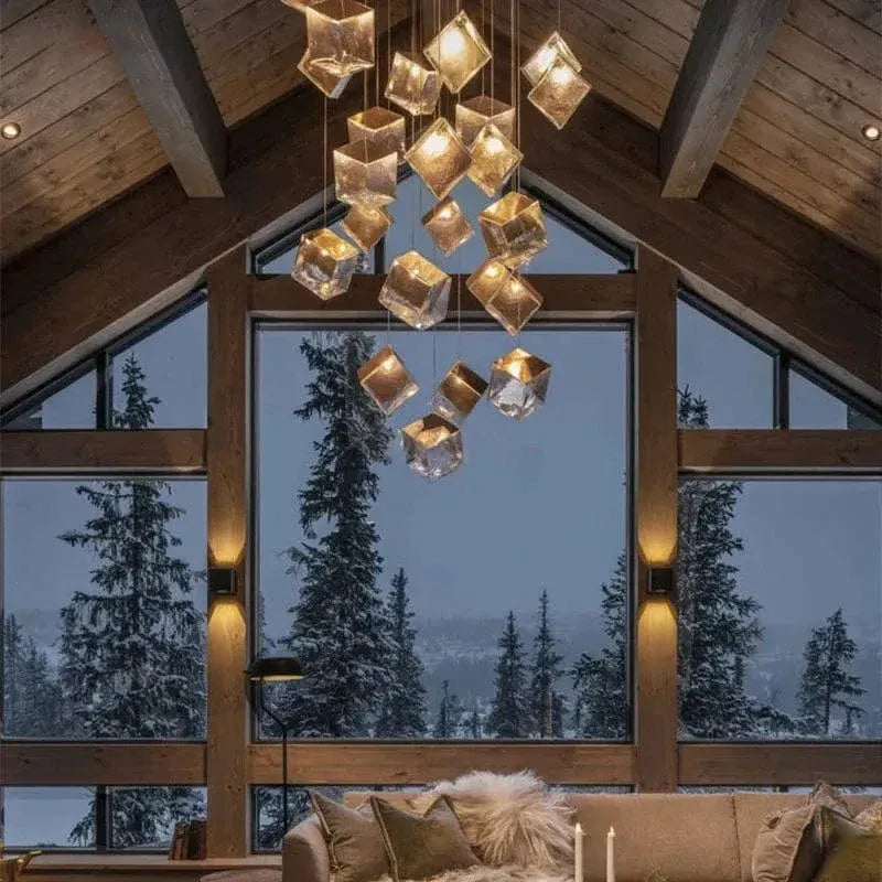 Aren Cube Large Pendant Light For High Ceilings foyer view with cascading cube lights
