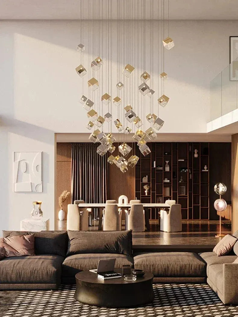 Aren Cube Large Pendant Light For High Ceilings gold finish warm white pendant view