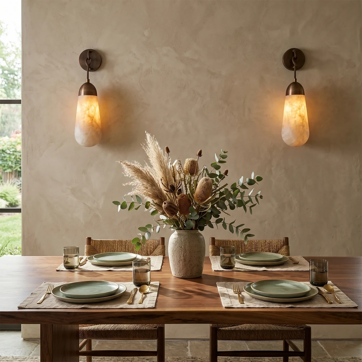 Aurelia Natural Alabaster Teardrop Wall Sconce, dining room wooden table pampas grass decor | Bling Lighting Studio