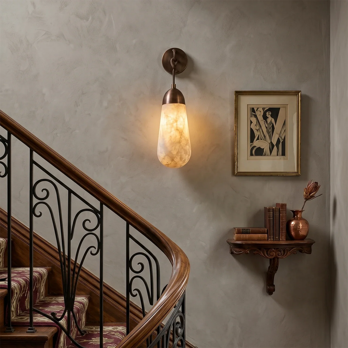 Aurelia Natural Alabaster Teardrop Wall Sconce, staircase landing wall vintage wooden bracket | Bling Lighting Studio