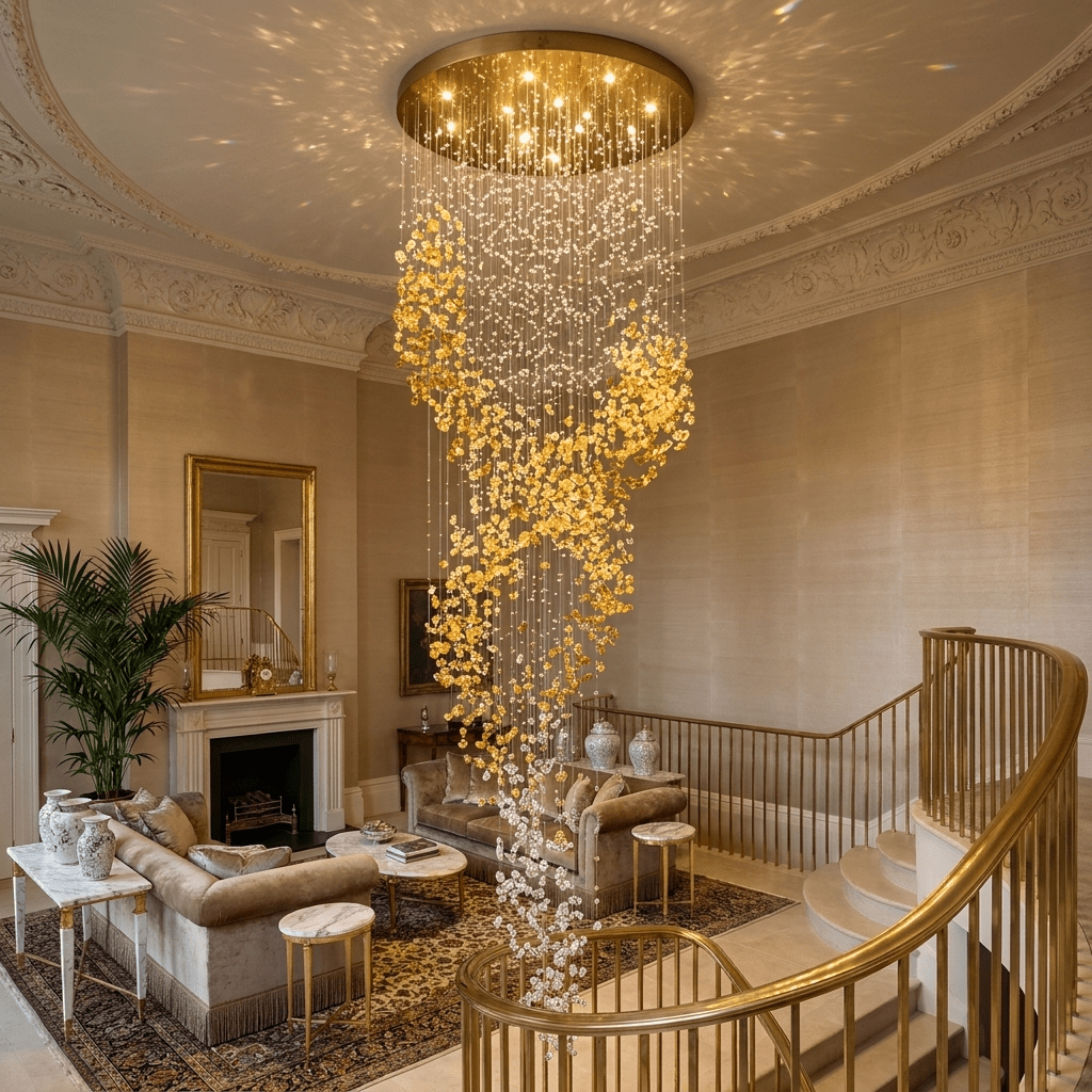 Aurum Cascade Chandelier chandelier in a tall interior