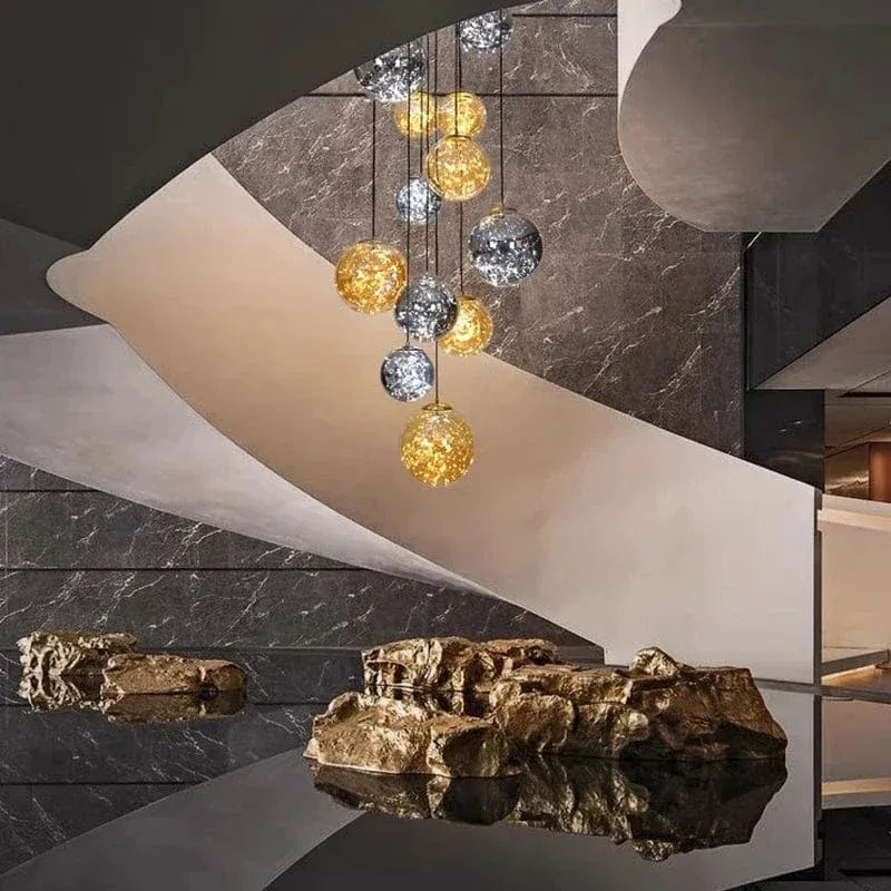 Ayla Bubble Art Contemporary Stairwell Chandelier main view with glass bubble pendants