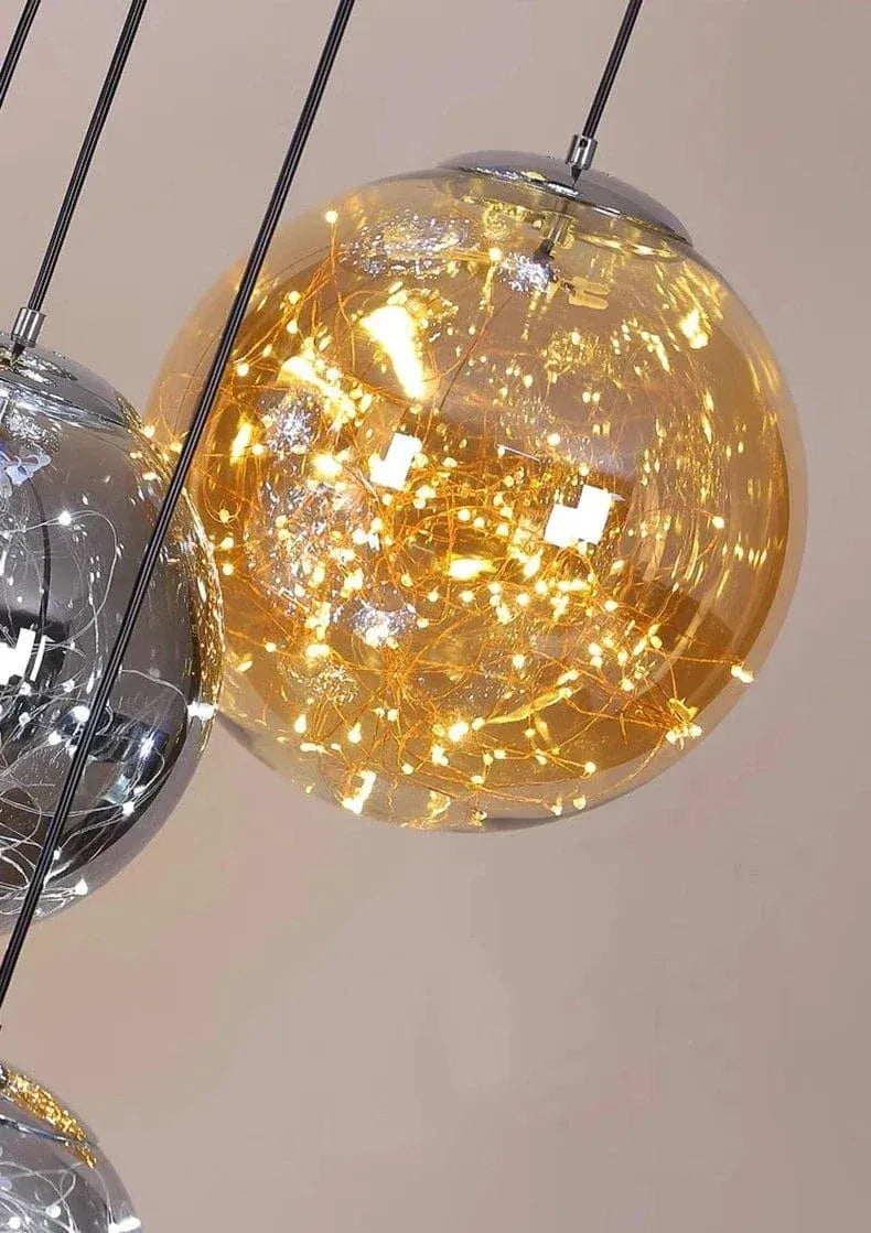 Ayla Bubble Art Contemporary Stairwell Chandelier installed in a staircase with cascading bubble lights