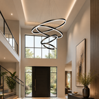 Aysan Modern Ring Chandelier in black finish above a foyer staircase