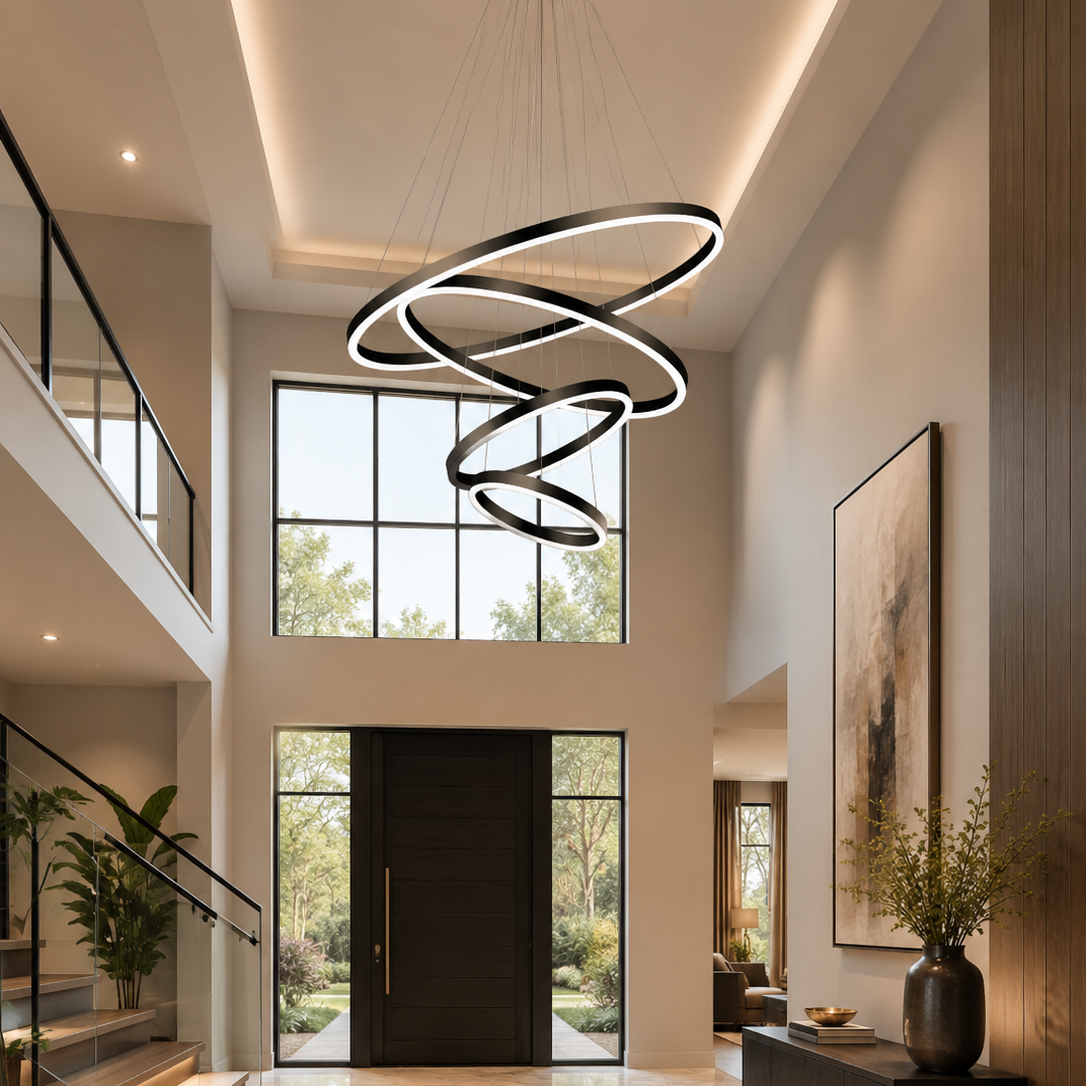 Aysan Modern Ring Chandelier in black finish above a foyer staircase