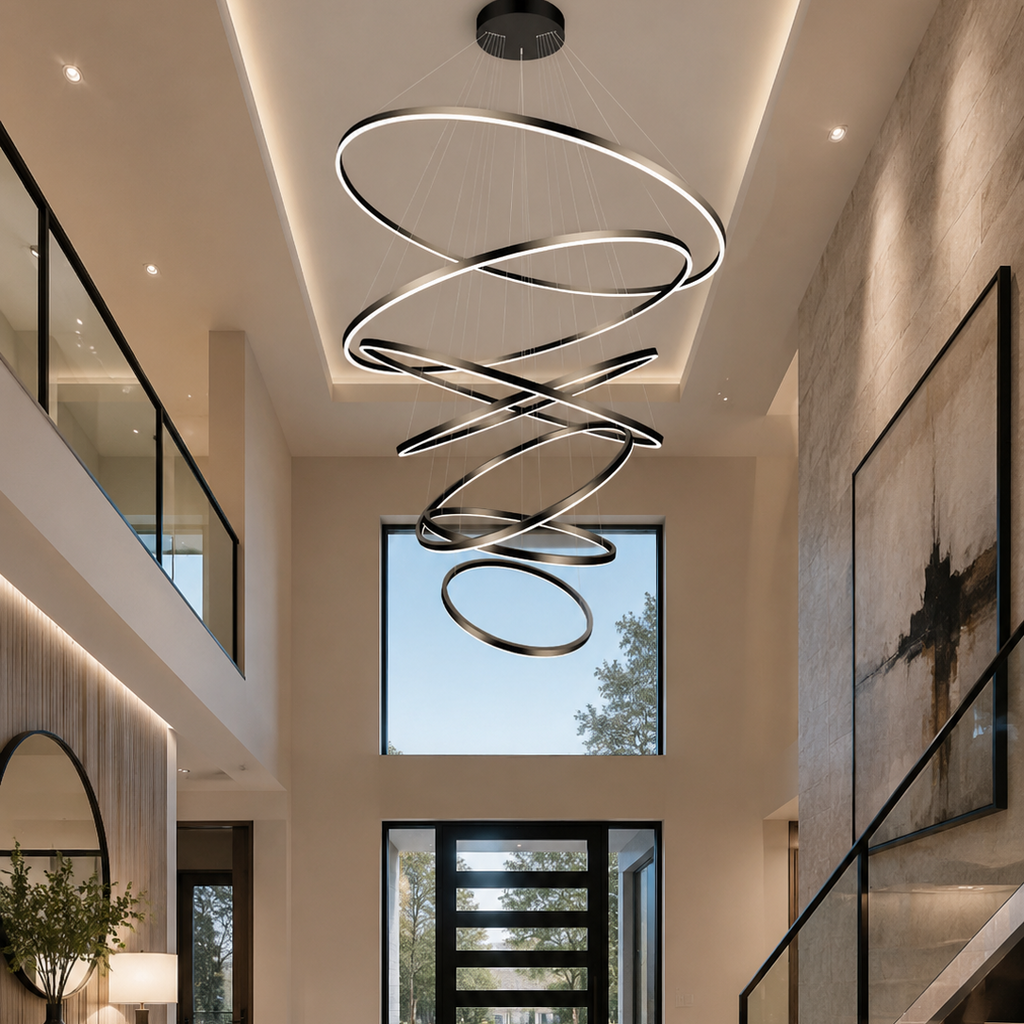 Aysan Modern Ring Chandelier in black multi ring design for a tall entryway