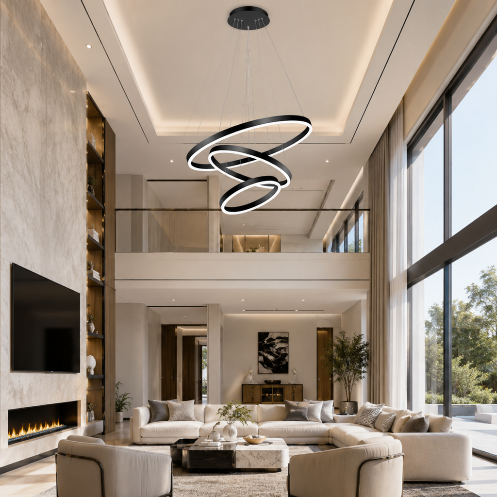 Aysan Modern Ring Chandelier in black three ring design for a high ceiling living room