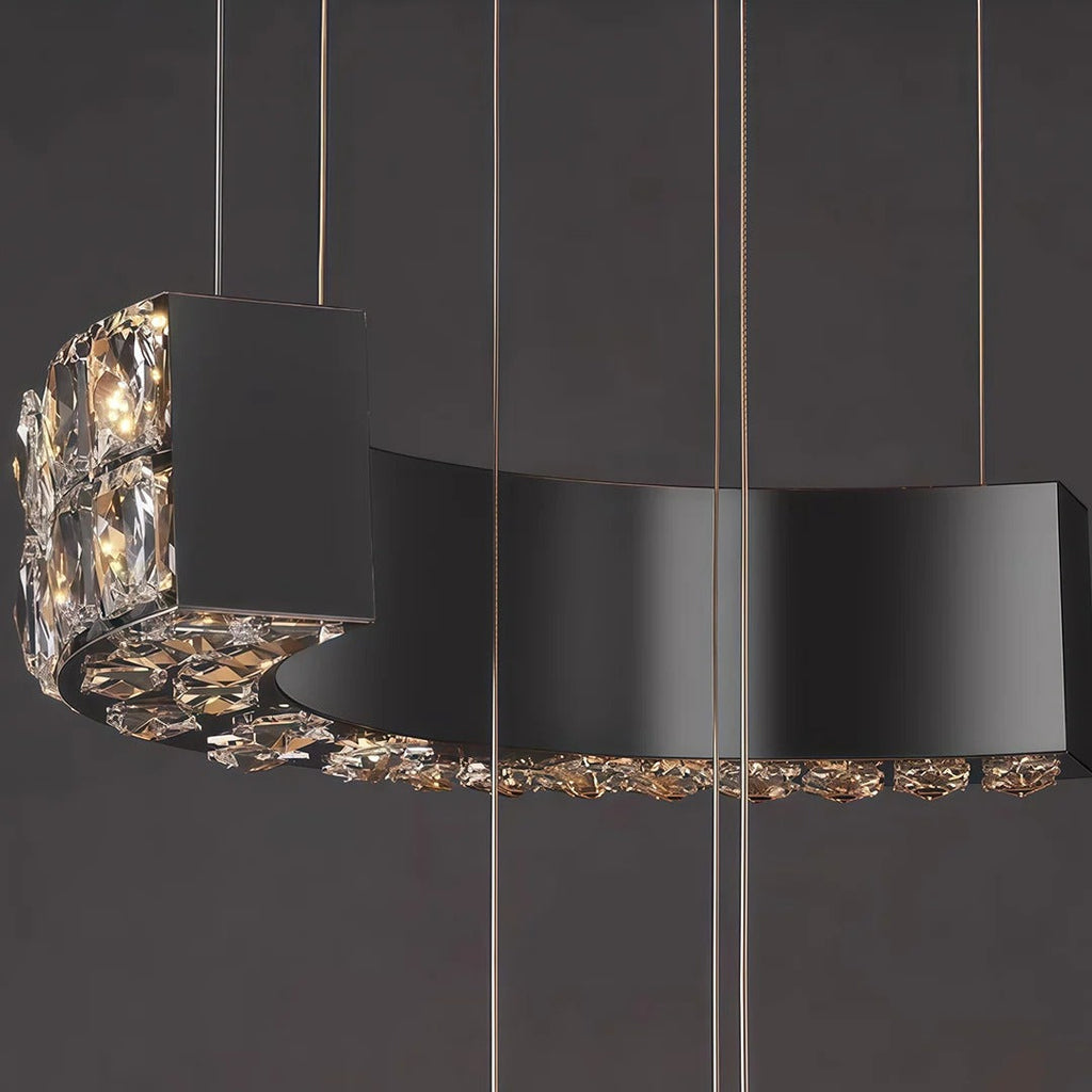Aysha Black Crystal High Ceiling Entryway Light Fixture black frame detail with crystal strands