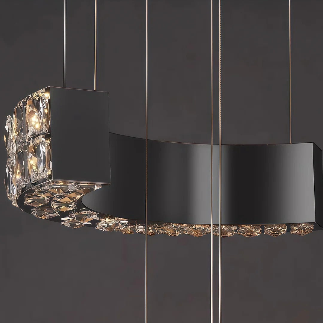Aysha Black Crystal High Ceiling Entryway Light Fixture black frame detail with crystal strands