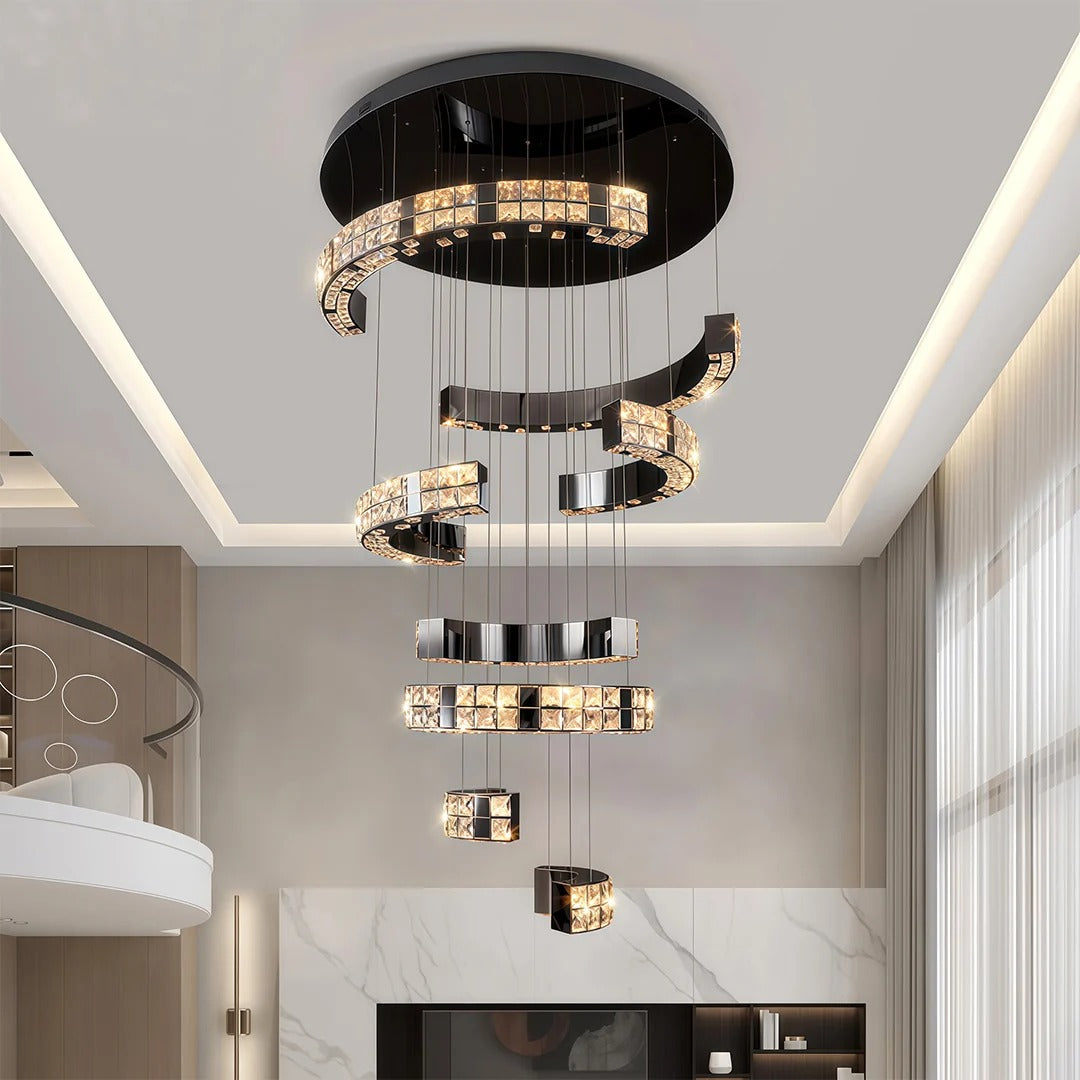 Aysha Black Crystal High Ceiling Entryway Light Fixture in a living room with tall cascading crystals