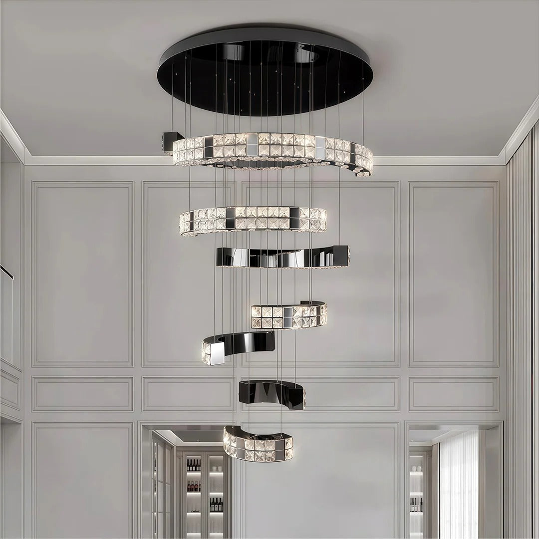 Aysha Black Crystal High Ceiling Entryway Light Fixture in a luxury modern interior
