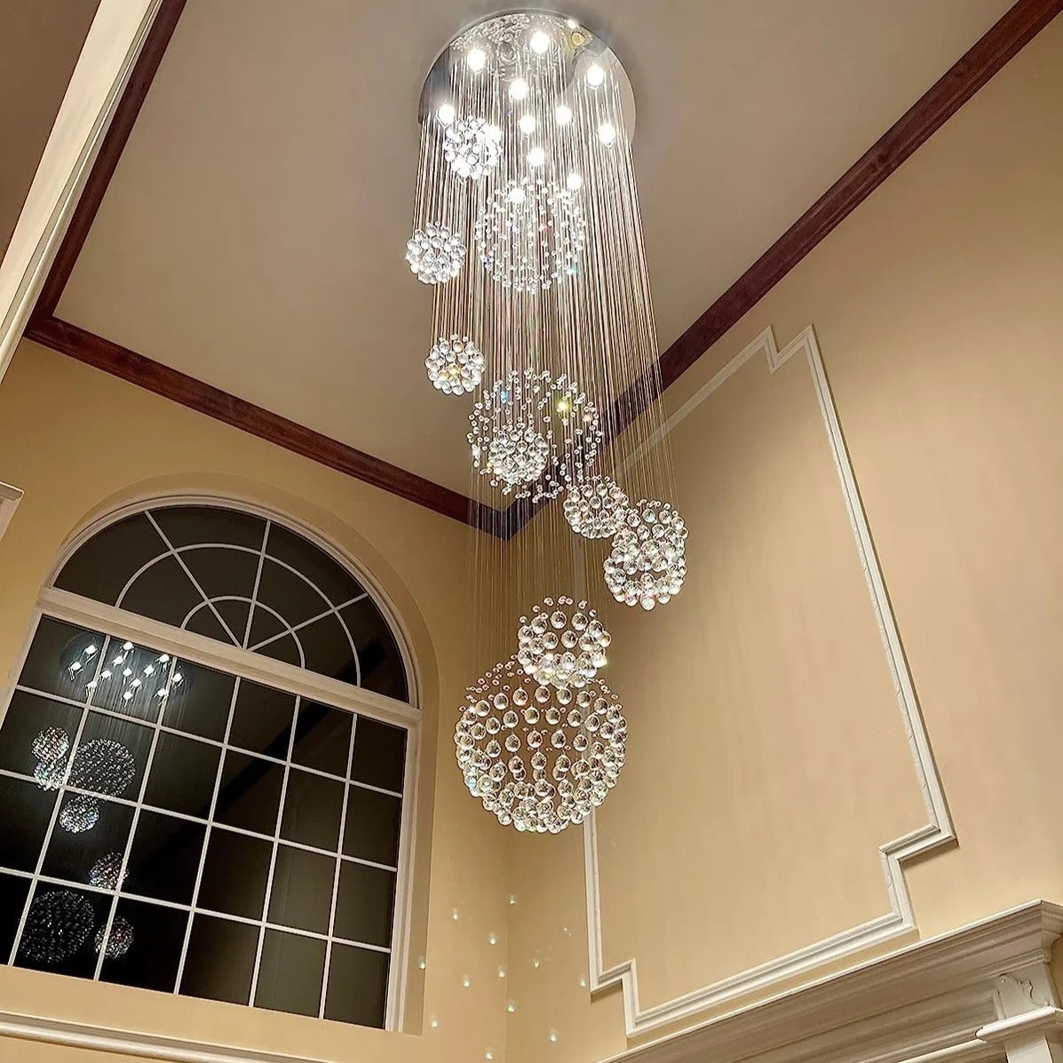 Ball Design Extra Large Crystal Chandelier for High Ceiling main product view with crystal globe raindrops