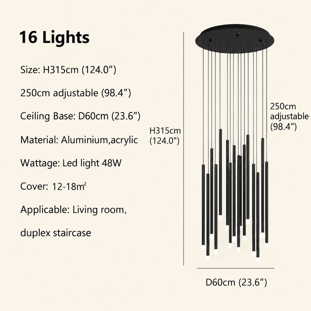 Black modern minimalist stick chandelier 16 lights size chart