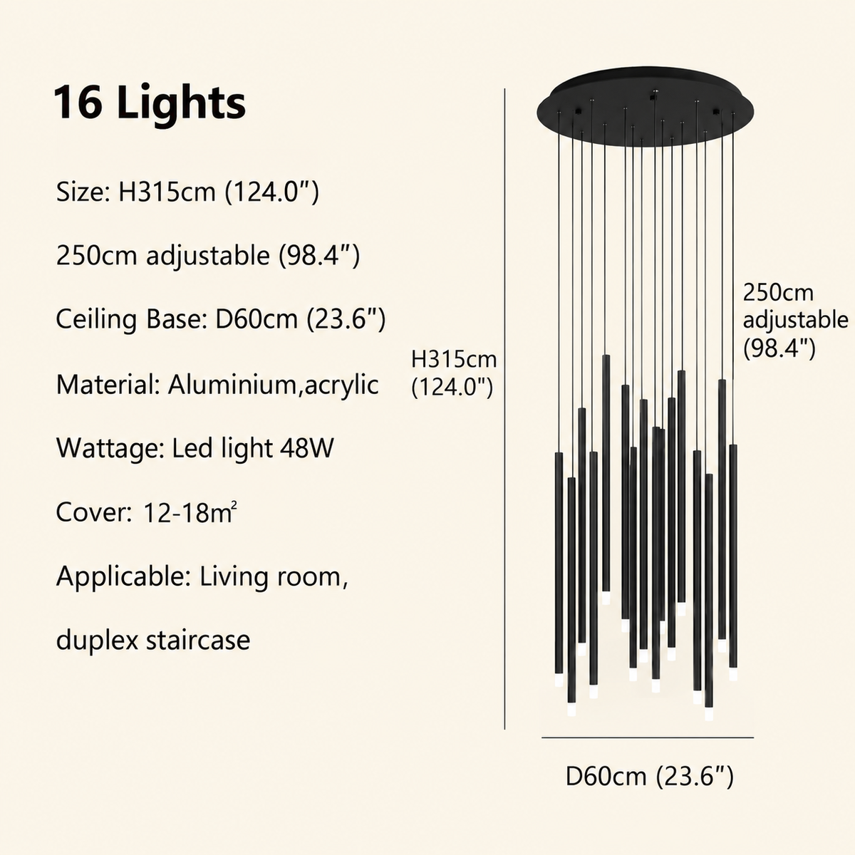 Black modern minimalist stick chandelier 16 lights size chart