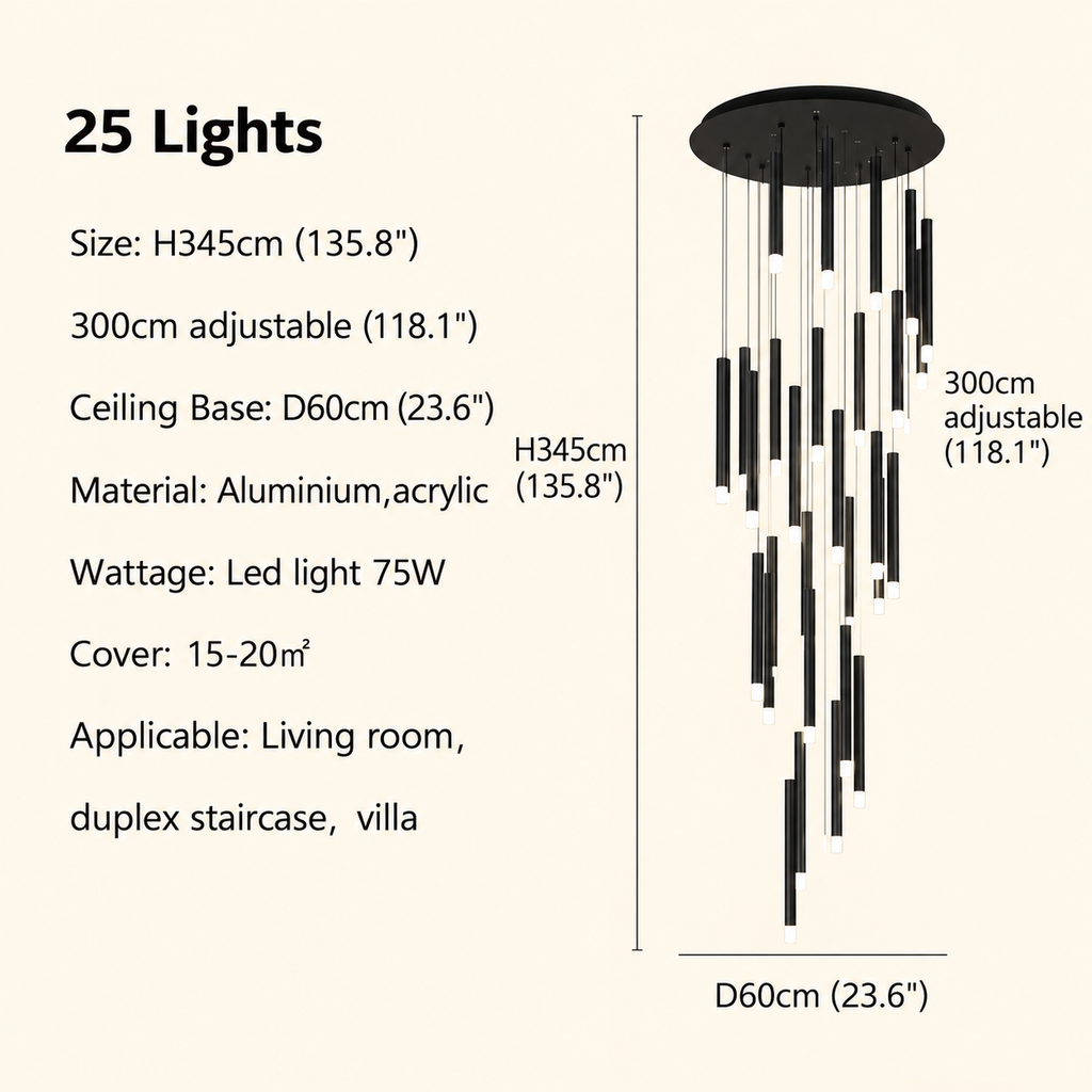 Black modern minimalist stick chandelier 25 lights size chart