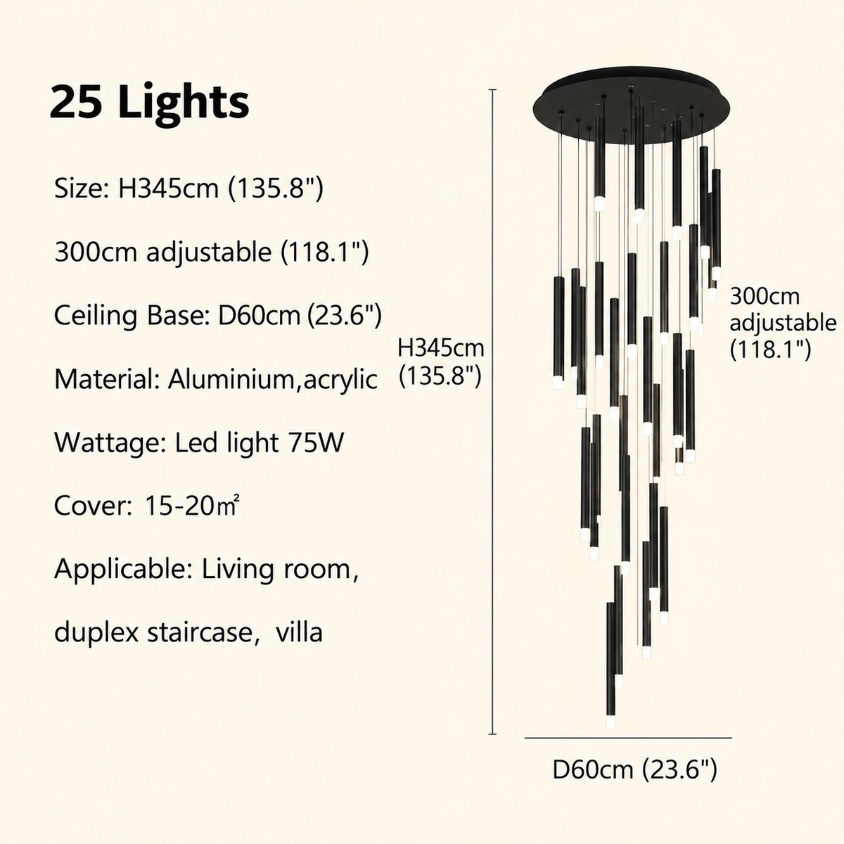 Black modern minimalist stick chandelier 25 lights size chart