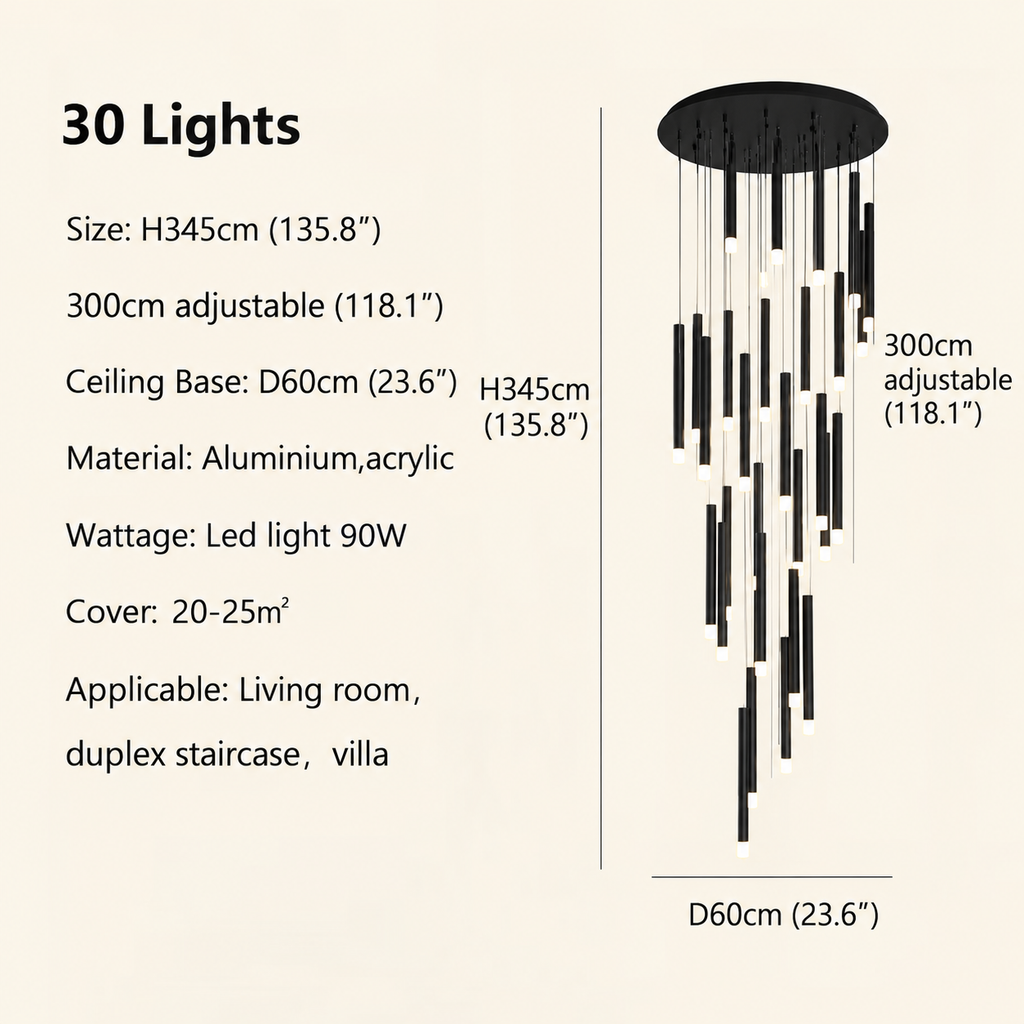 Black modern minimalist stick chandelier 30 lights size chart