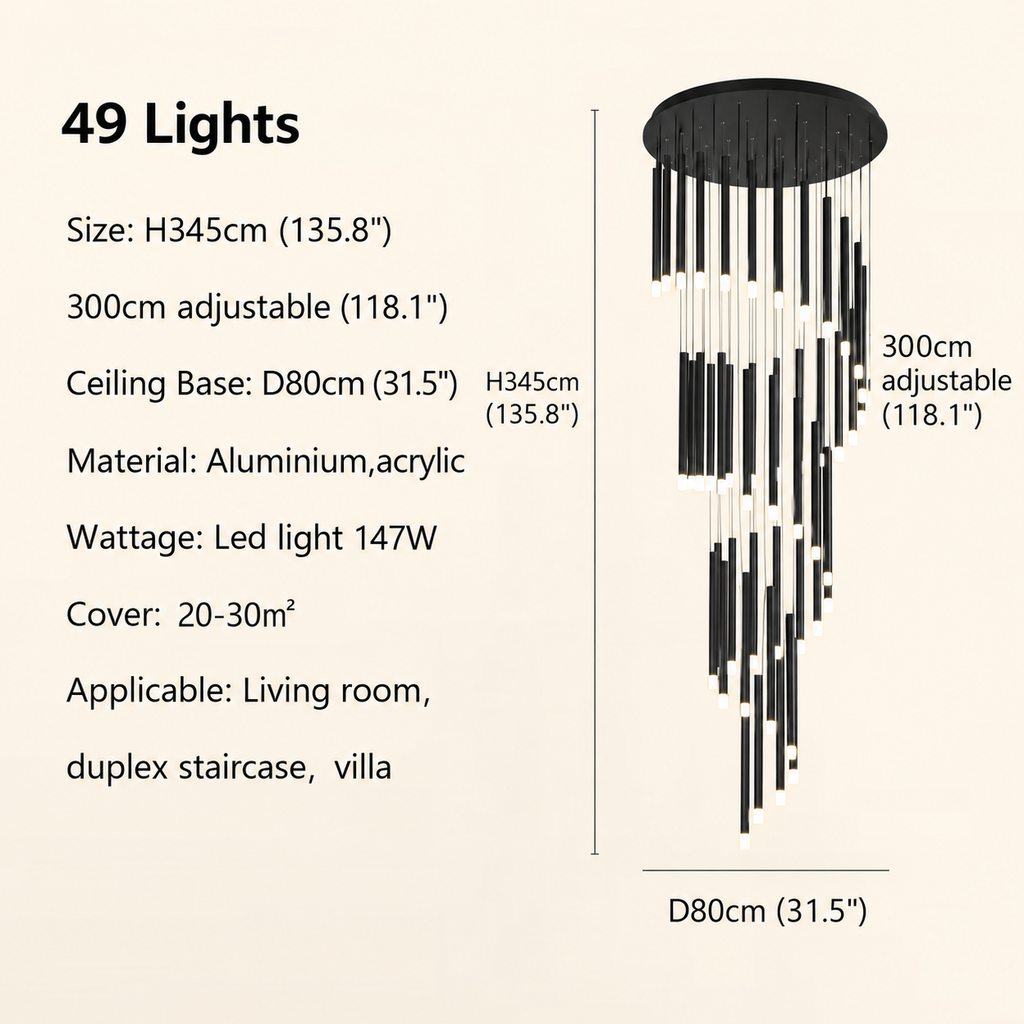 Black modern minimalist stick chandelier 49 lights size chart