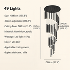 Black modern minimalist stick chandelier 49 lights size chart