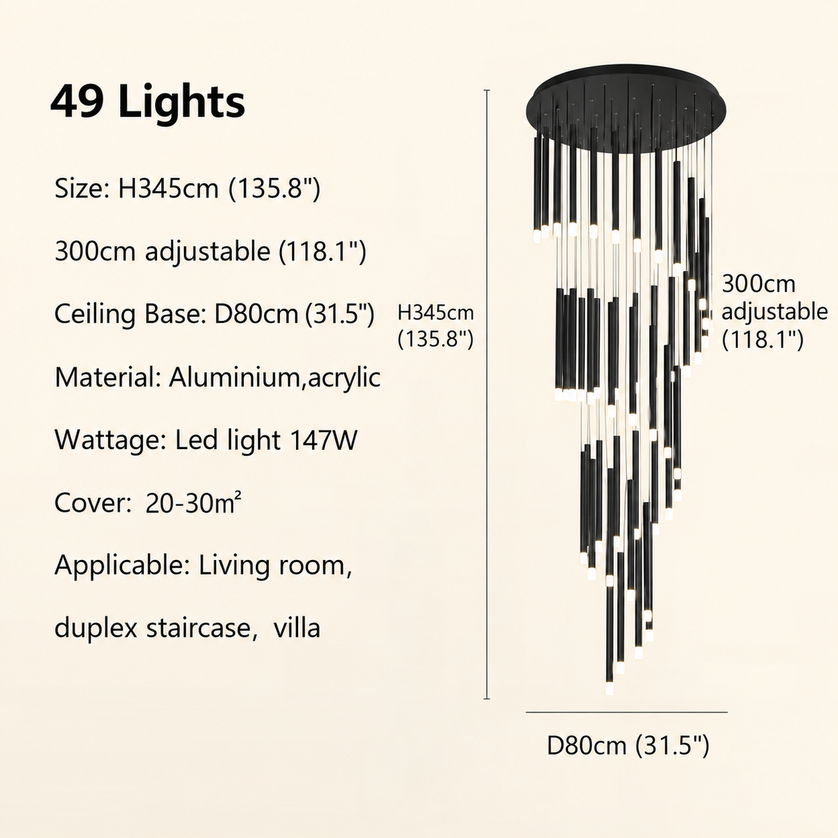 Black modern minimalist stick chandelier 49 lights size chart