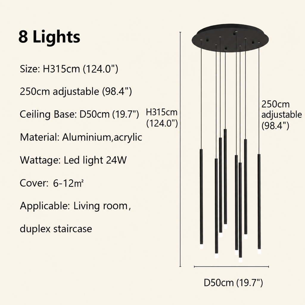 Black modern minimalist stick chandelier 8 lights size chart