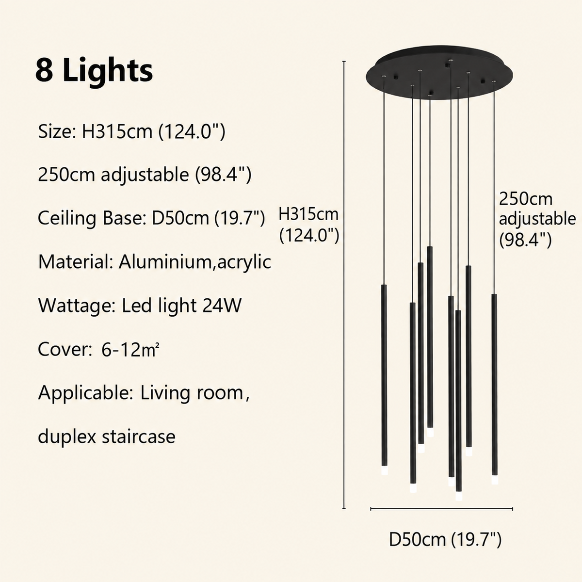 Black modern minimalist stick chandelier 8 lights size chart