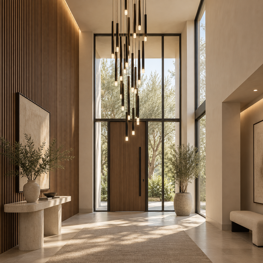 Black modern minimalist stick chandelier in high ceiling entryway