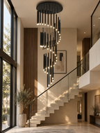 Black modern minimalist stick chandelier in modern staircase interior