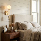 Abacus Alabaster Wall Sconce — product setting and fixture profile, a stone globe above a diagonal arm and decorative metal beads (view 2)