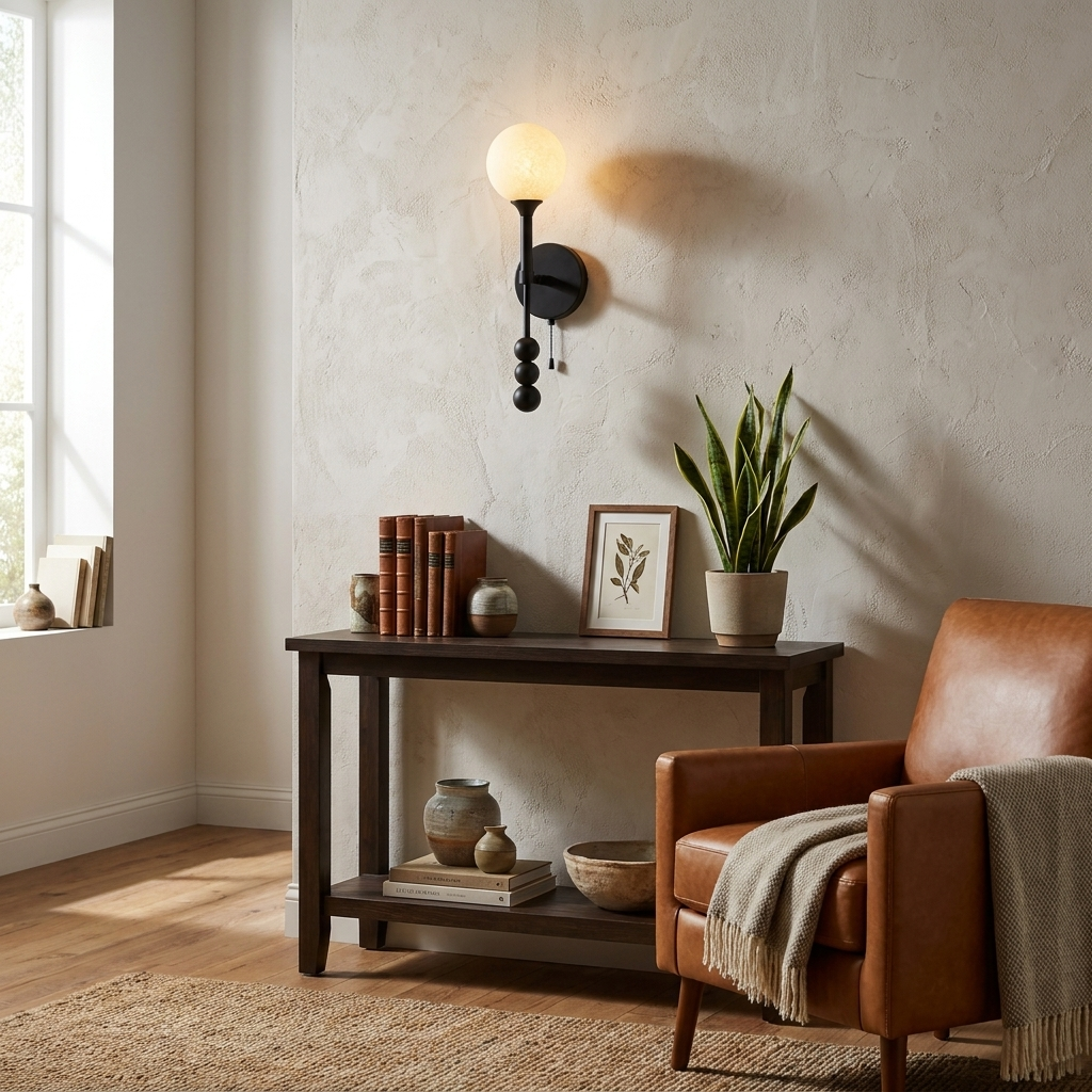 Abacus Alabaster Wall Sconce — additional product view, a stone globe above a diagonal arm and decorative metal beads (view 3)