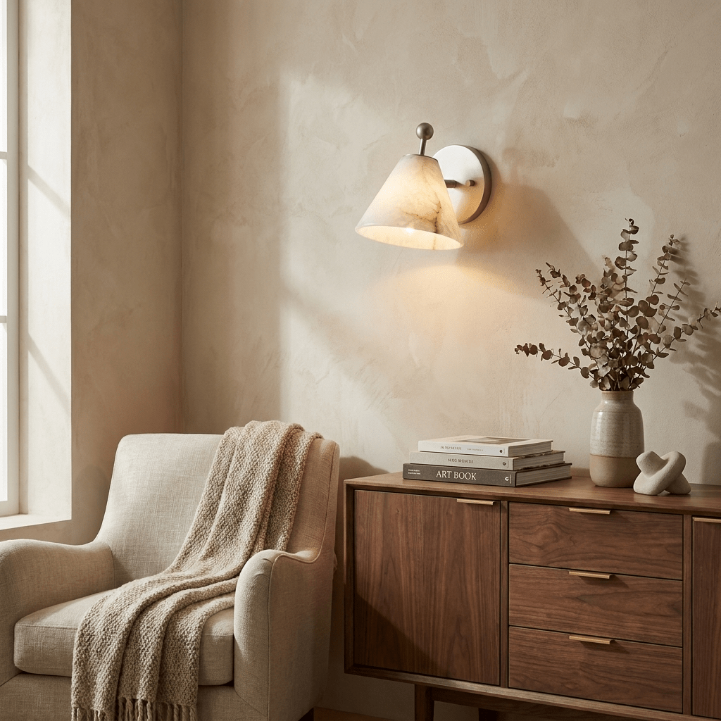 Alabaster Angled Wall Sconce — product setting and fixture profile, a tapered stone shade on an angled metal stem (view 2)