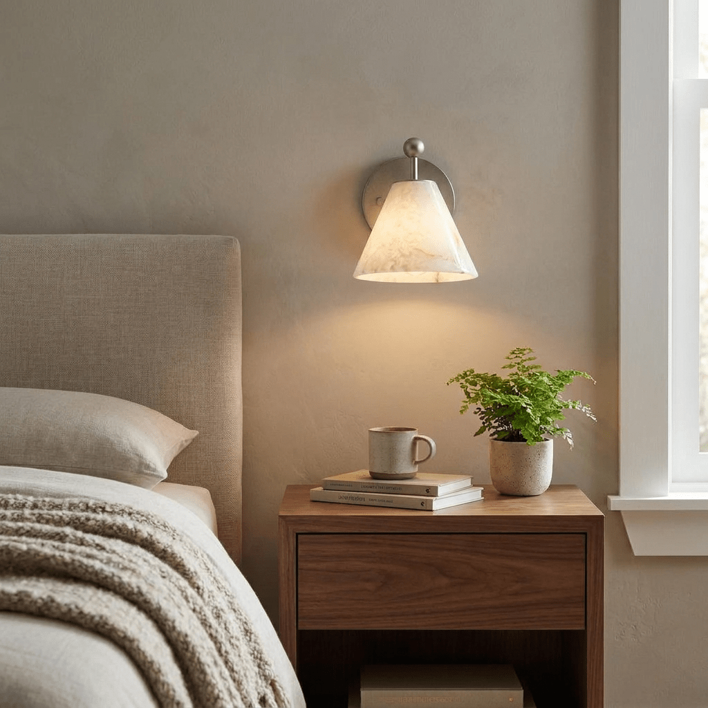 Alabaster Angled Wall Sconce — additional product view, a tapered stone shade on an angled metal stem (view 3)